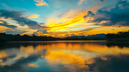 Fototapeta premium Vibrant sunset reflection over tranquil lake water surrounded lush greenery captivating cloud patterns, colors, evening, sky, serene, landscape, dusky. Dusky Reflection. Illustration