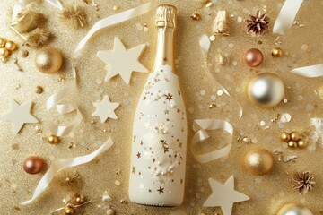 A sparkling champagne bottle adorned with stars, nestled amidst a glamorous gold confetti celebration, ready to toast to joyous moments.