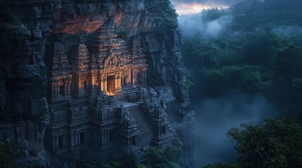Ancient cliffside temple illuminated by warm light in misty forest