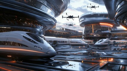 Futuristic cityscape with high-speed trains and drones in illuminated urban environment