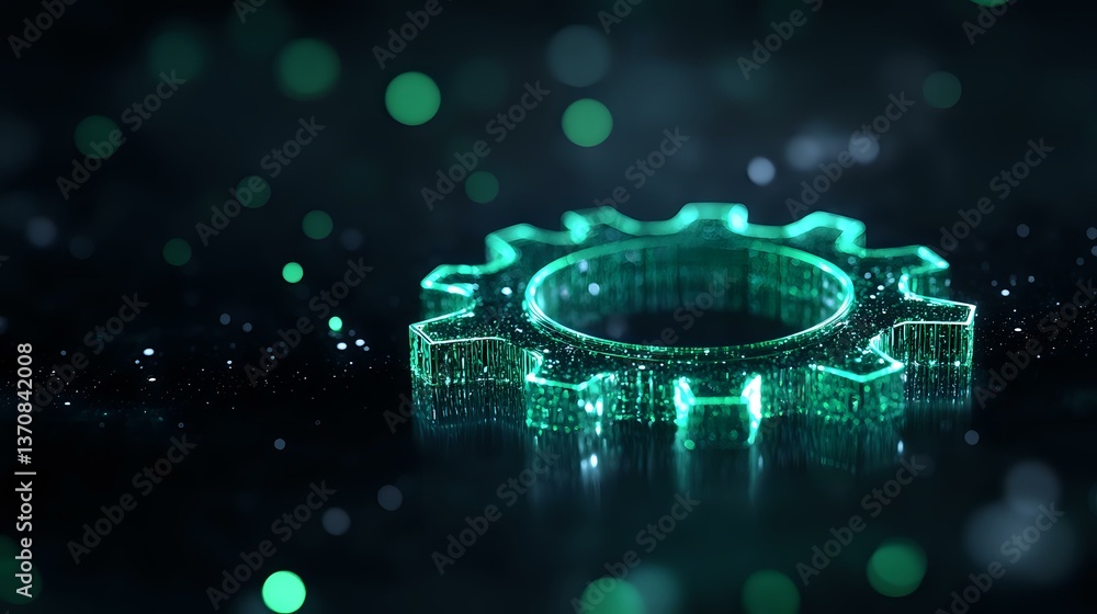 Poster glowing green gear shape with digital binary code pattern on dark background with bokeh lights creat