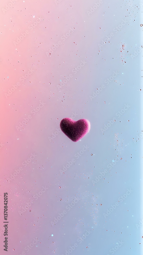 Poster pink velvet heart floating on dreamy pastel gradient background with subtle sparkles and bokeh effec