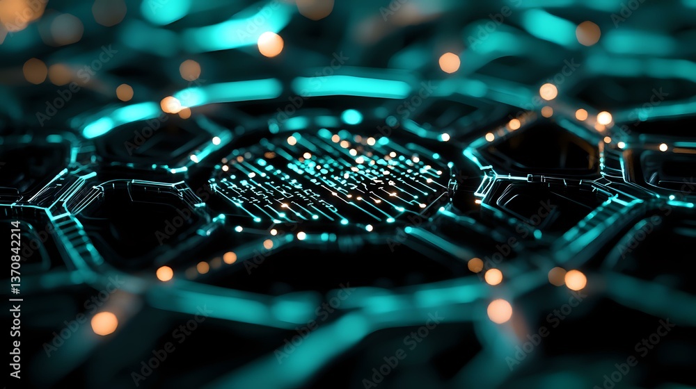Aufkleber futuristic technology background with glowing turquoise hexagonal pattern and bokeh lights creating 