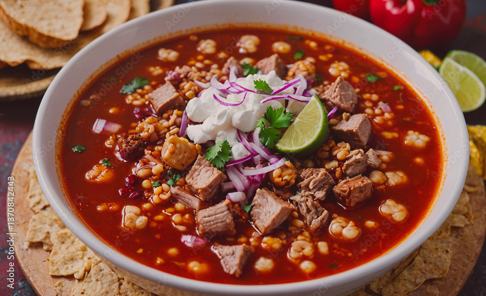 Poster bowl of red chili with meat and onions. a lime is on top of the chili. there are some tortilla chips