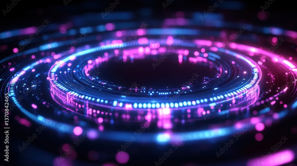 Poster futuristic circular data stream with glowing neon lights and dark background for technology concept