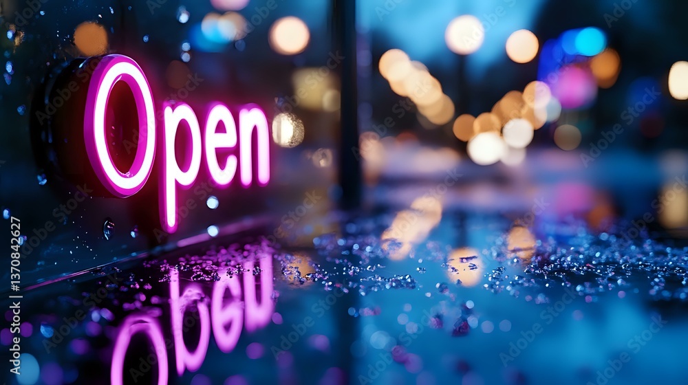 Poster glowing pink neon open sign reflected on wet surface with blurred city lights and bokeh in backgroun