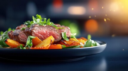 Delicious grilled steak with colorful vegetables gourmet kitchen food photography modern dining close-up culinary art