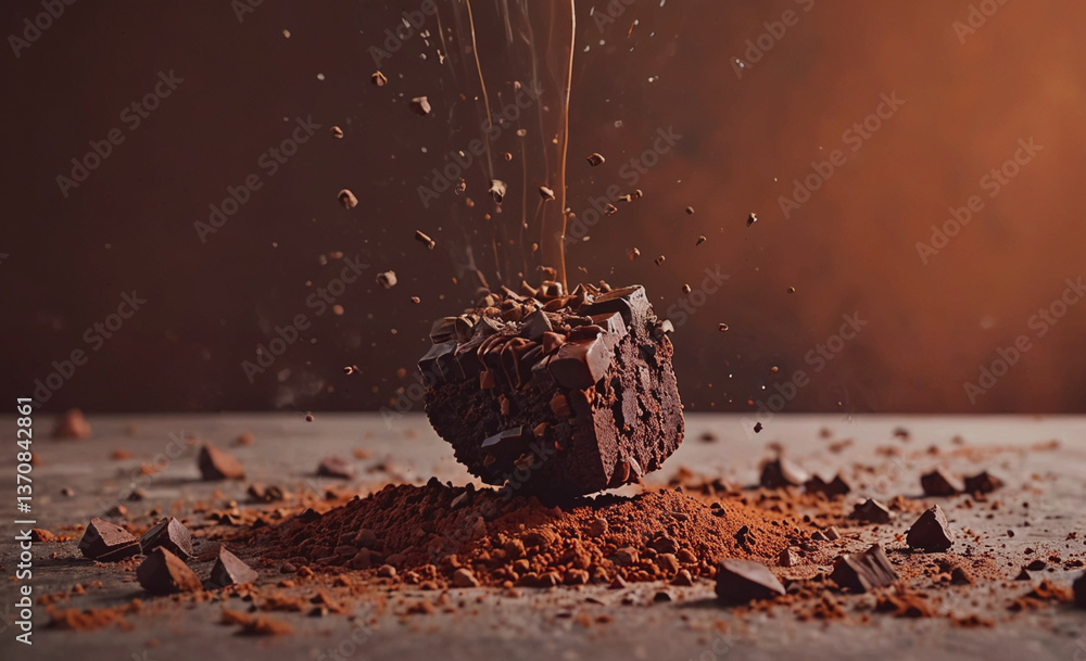 Poster chocolate bar is on a table with chocolate powder on the ground. the chocolate bar is melting and th