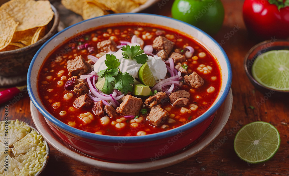 Poster bowl of red chili with meat and onions. a plate of lime slices is on the table