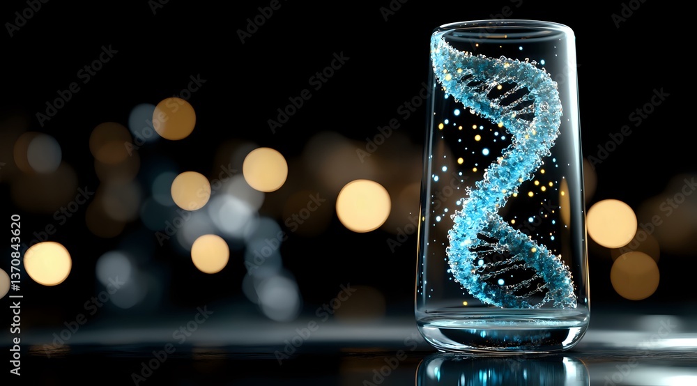 Poster glowing dna helix structure floating in glass with water splashes against dark background with bokeh