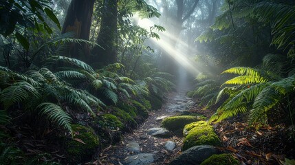 Fototapeta premium Sunlit misty forest path with lush ferns and moss-covered rocks