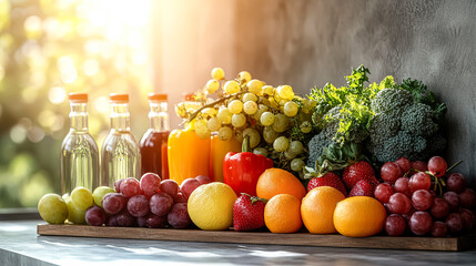 Wooden tray with a variety of fruits and vegetables, including grapes, oranges, and broccoli. The tray is placed on a countertop, and the sunlight is shining on it, making the fruits