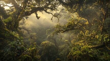 Serene misty rainforest with sunlight filtering through dense green canopy