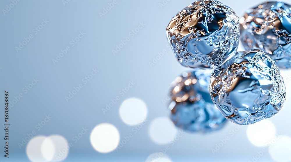 Poster shiny metallic spheres with crumpled foil texture floating in blue atmosphere with soft bokeh lights