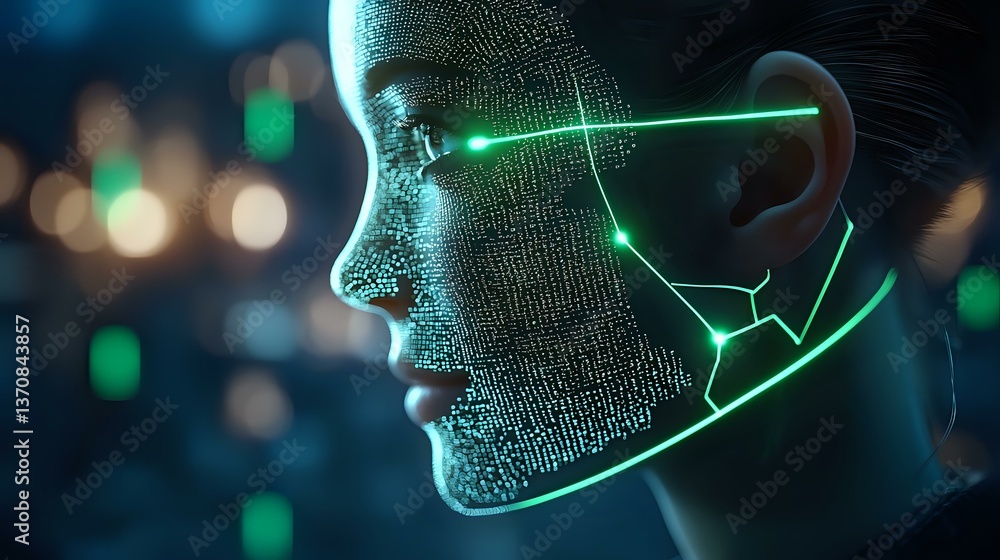 Poster digital wireframe face profile with glowing green lines and binary code texture against dark backgro