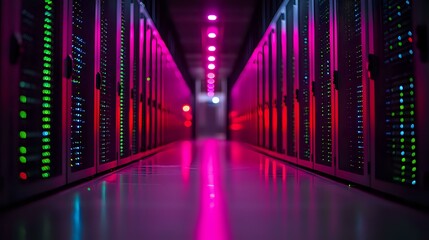 Fototapeta premium Futuristic data center corridor with neon pink and purple lighting, rows of server racks, and glowing LED indicators creating dramatic perspective and reflective floor surface.