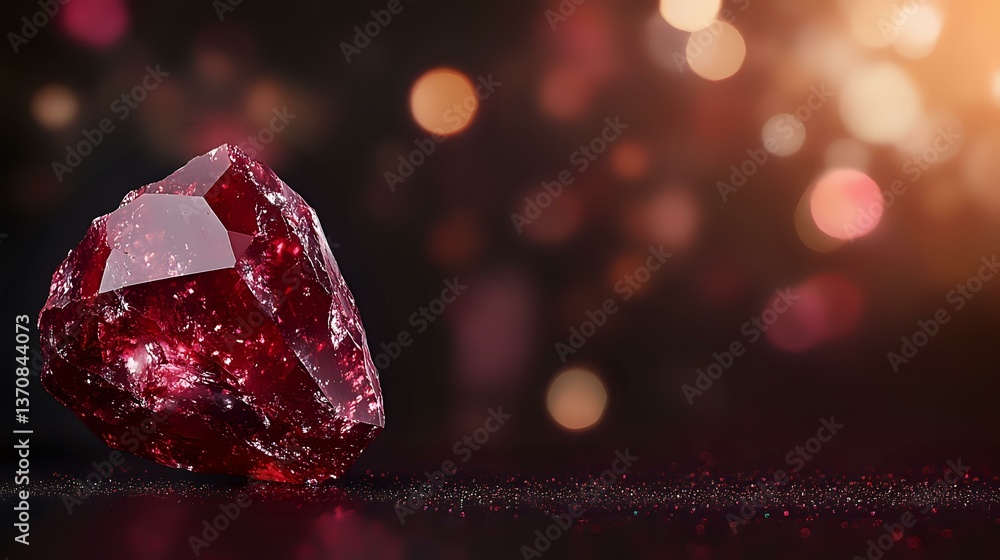 Poster raw ruby crystal on dark background with magical bokeh lights and glitter. natural gemstone macro ph