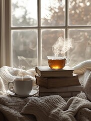 Steaming cup of tea on books with cozy knit blanket by sunlit window