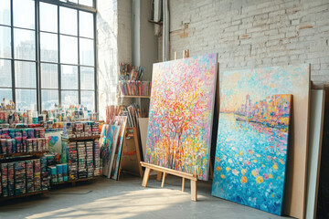 Mock up posters frames and canvas in loft interior background 3d render