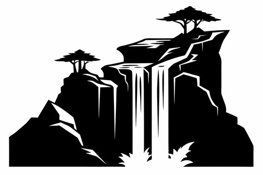 black and white waterfall landscape with trees clip art preview