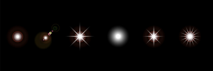 Fototapeta premium Glowing light bursts with sparkles. Glow light effect set, lens flare, explosion, glitter, line, sun flash, spark and star. Abstract image of lighting flare and white stars.