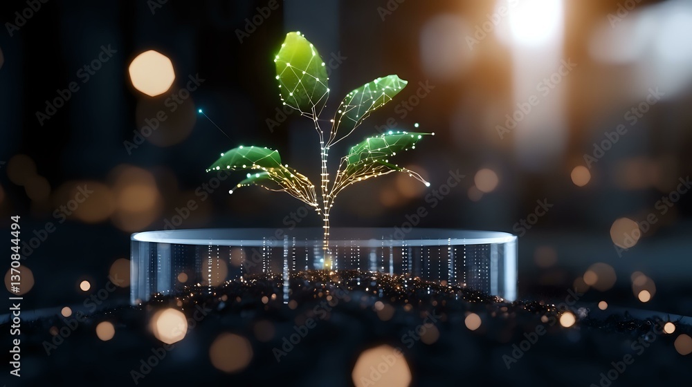 Aufkleber young green sprout growing in glass container with water drops and bokeh lights creating magical atm