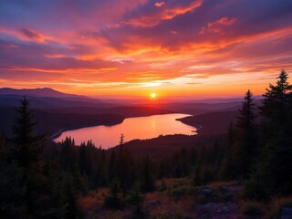 Obraz premium Sunset Over The Lake Generation Ai