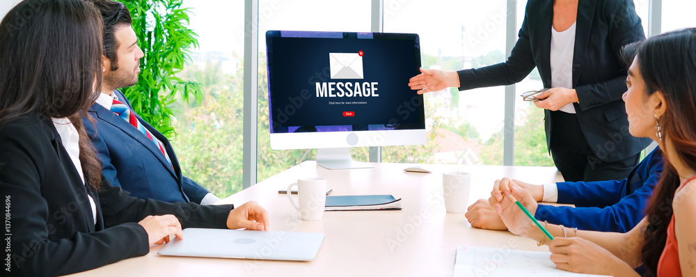 Poster email notification message showing on computer screen snugly. digital marketing message information 