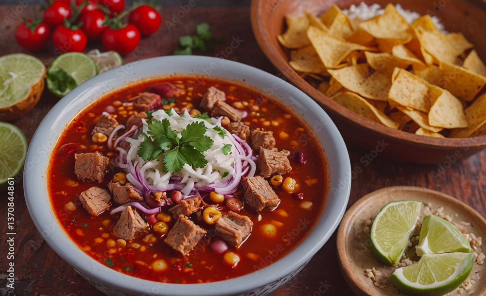 Poster Bowl of chili with meat and beans sits on a table next to a bowl of chips. There are also several limes on the table