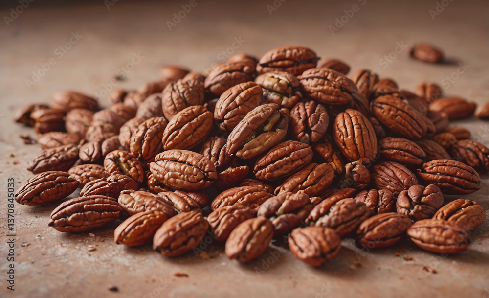 Aufkleber Pile of nuts on a table. The nuts are brown and have a wrinkled surface. There are many nuts in the pile, and they are spread out in different directions