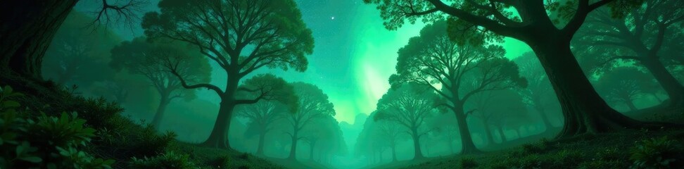 Obraz premium Forest canopy covered in twinkling stars above, stars, green, misty