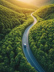 Aerial view of a car driving on a winding road through lush green forest at sunset in a scenic landscape
