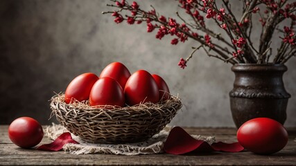 still life with easter eggs and flowers