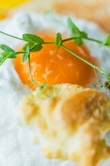 Orsini egg with microgreens and toast on a yellow plate. Healthy breakfast concept