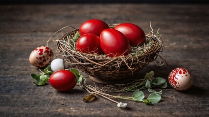 easter eggs in a nest on wooden background