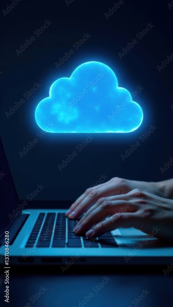 Poster cloud computing technology with hands typing on a laptop keyboard in a dark environment showcasing d