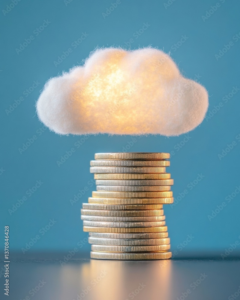 Poster luminous cloud computing finance stacked metallic coins illuminating digital expense management and 