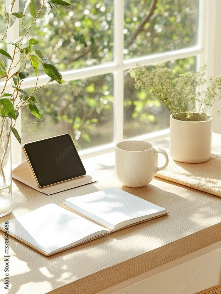 Poster minimalist productivity sanctuary serene natural light workspace with digital tablet, open journal a