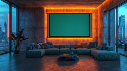 Abstract Surreal Penthouse Interior with Neon-Lit Modern Frame and Green Poster on White Wall – Generative AI