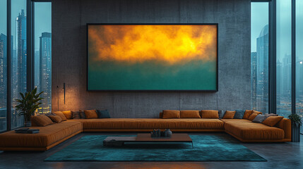 Abstract Surreal Penthouse Interior with Neon-Lit Modern Frame and Green Poster on White Wall – Generative AI