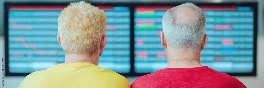 Leinwandbilder Navigating Market Dynamics Diverse Professionals Strategize Investment Performance Through AI-Enhanced Data Visualization in Collaborative Tech Environment