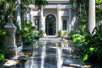 Fototapeta premium Grand building entrance with tall columns and lush greenery in sunlight