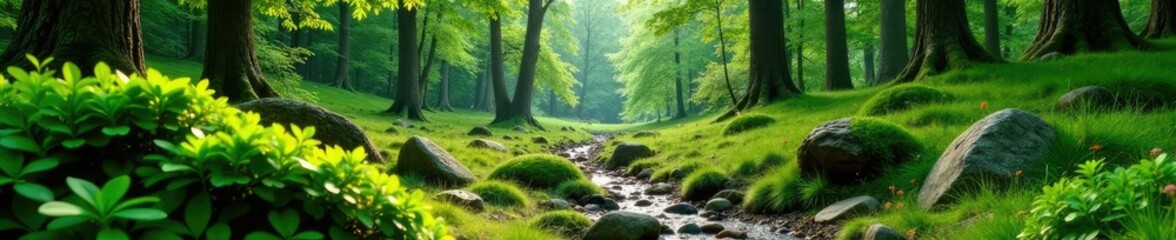 Obraz premium Green shrubs in a natural landscape with trees and rocks, wood, forest