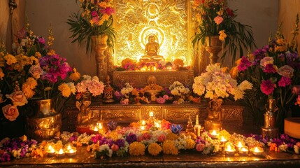 Obraz premium Golden statue altar with vibrant flowers and lit candles in warm serene glow