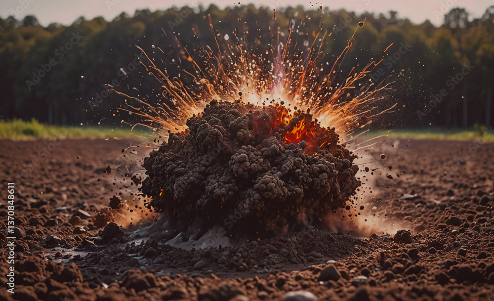 Poster large explosion has occurred in a field. the ground is covered in dirt and debris. the explosion has