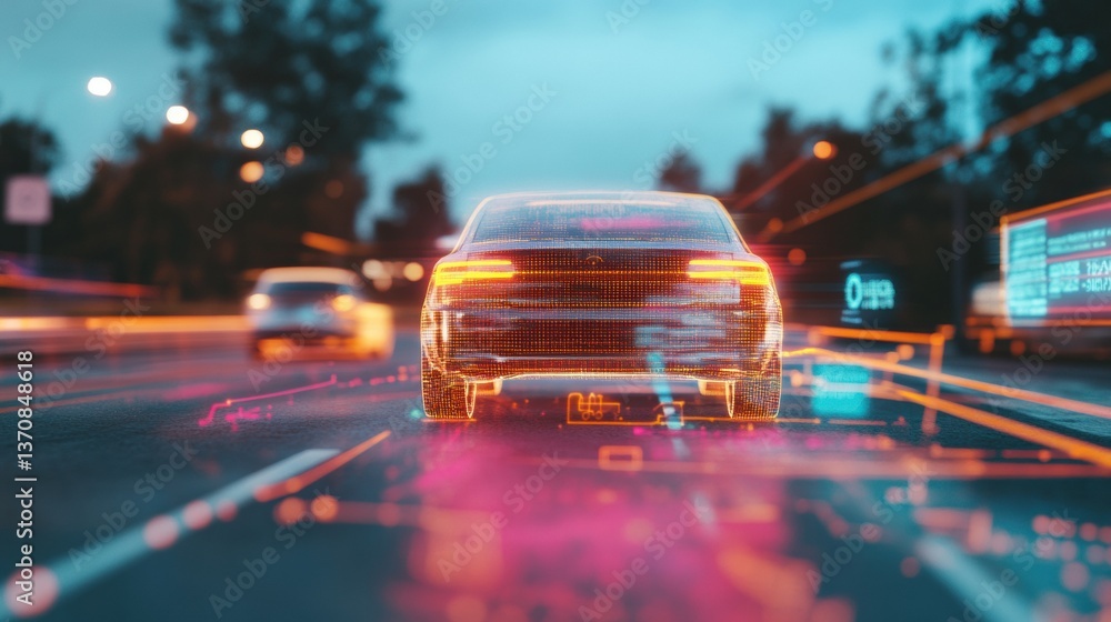 Poster futuristic urban mobility transparent autonomous vehicle navigating smart highway with dynamic digit