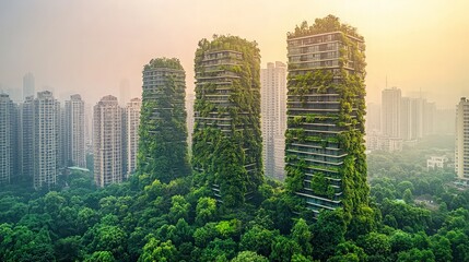 Obraz premium Green Skyscrapers Cityscape Sunrise