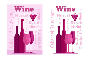 Bottles and glasses on the background of inscriptions of red wine varieties. Concept of wine production and sale, advertising banner, wine menu or sign of a wine shop. Vector in burgundy color.