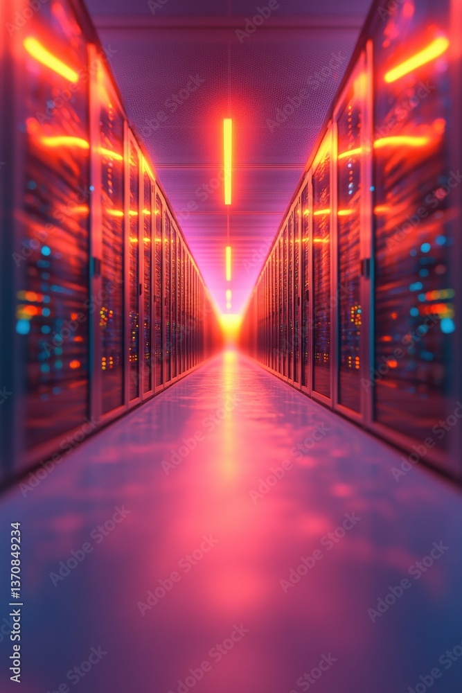 Fototapete Cyberpunk Data Sanctuary Neon-Infused Server Room Visualization for National Rubber Eraser Day - Cutting-Edge Digital Preservation and Secure Infrastructure Solutions