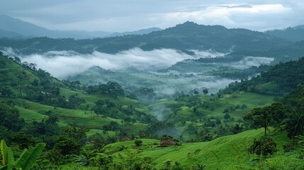 Obraz premium Misty Mountain Valley Farmlands